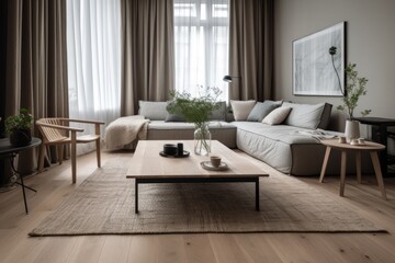 Fototapeta premium 3D rendering of a modern living room, furnished in Scandinavian style. The room features clean lines, minimalistic design, and a neutral color palette. Generative Ai