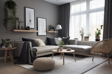 Naklejka na ściany i meble 3D rendering of a modern living room, furnished in Scandinavian style. The room features clean lines, minimalistic design, and a neutral color palette. Generative Ai