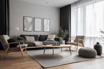 Fototapeta premium 3D rendering of a modern living room, furnished in Scandinavian style. The room features clean lines, minimalistic design, and a neutral color palette. Generative Ai