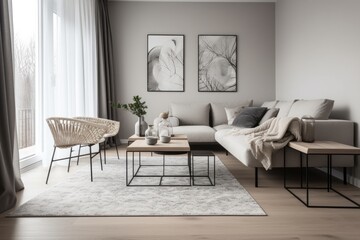 3D rendering of a modern living room, furnished in Scandinavian style. The room features clean lines, minimalistic design, and a neutral color palette. Generative Ai