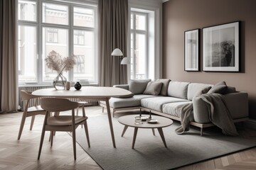 Fototapeta premium 3D rendering of a modern living room, furnished in Scandinavian style. The room features clean lines, minimalistic design, and a neutral color palette. Generative Ai