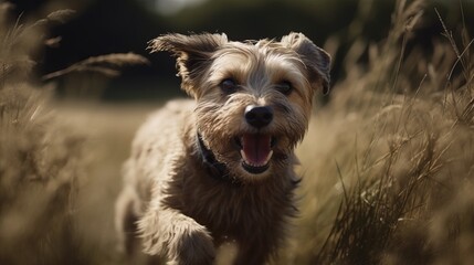 Happy dog running in grass close-up. AI generated