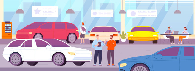 Car sellers. Cars salesmen with automobile buyer owner in automobile showroom auto dealer store, people sell or rent vehicle, automotive sale office, splendid vector illustration