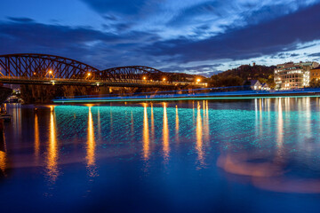 Fototapeta premium Night city of Prague, long exposure, embankment, Vyšehrad, railway bridge, Vltava, Vltava river