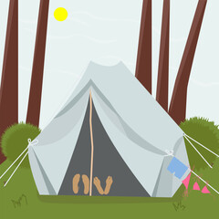 Image of a pair of legs in a tent resting in nature. Web banner on the theme of trekking, hiking, walking. Sports, Camping, outdoor recreation, outdoor adventure, vacation. Modern flat design. Evening