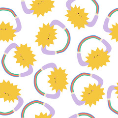 Fototapeta na wymiar Seamless pattern with sun and rainbow. Cute childish print. Vector hand drawn illustration.