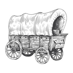 Covered wagon sketch. Old trip carriage, vintage horse vehicles drawing, wooden farming tent cart traditional western trravel cowboy pioneer vehicle ingenious vector illustration - obrazy, fototapety, plakaty
