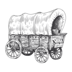 Deurstickers Covered wagon sketch. Old trip carriage, vintage horse vehicles drawing, wooden farming tent cart traditional western trravel cowboy pioneer vehicle ingenious vector illustration © ssstocker