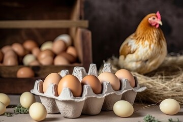 carton of fresh eggs next to a fluffy white chicken. Generative AI