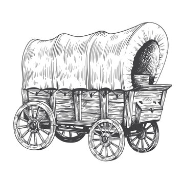 recommend clip art: Covered wagon sketch. Old trip carriage, vintage horse vehicles drawing, wooden farming tent cart traditional western trravel cowboy pioneer vehicle ingenious vector illustration