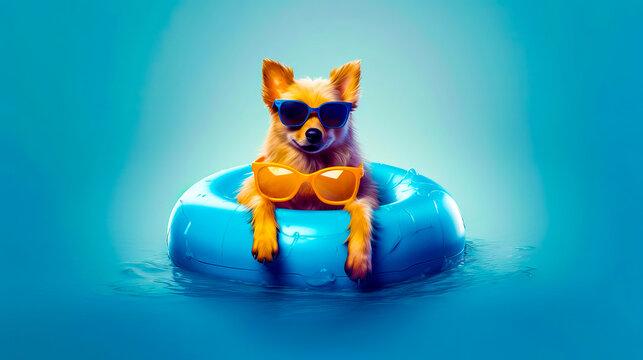 Dog Wearing Sunglasses Sitting On Top Of Inflatable Pool Float. Generative AI.