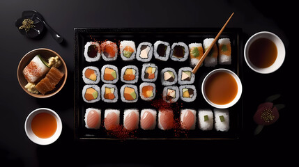 Sushi with chopsticks. On a black surface. Top down view. Generative AI technology.