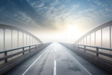 misty road leading to a bridge in the distance. Generative AI
