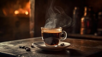 Fototapeta na wymiar Cup of hot coffee with smoke on wooden table on blurred background. Al generated