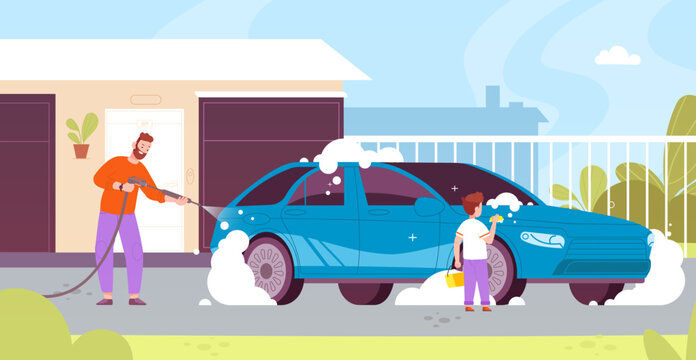Father washing car. Dad and son wash dirt automobile in house yard, kid with bucket sponge helping parent, child cleaner chores, man washes cars at home cartoon vector illustration