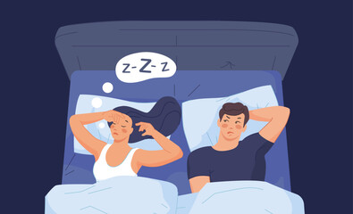 Snoring woman. Snorer sleeping wife and annoyed husband on pillow bed, female snore sound noise sensual sleep, nights apnea insomnia concept couple relationship vector illustration