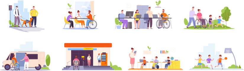 Disabled social barrier. Disability people in public place free accessibility environment, inclusive technology school transport, access to building, splendid vector illustration