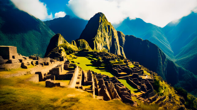 The ruins of machaca picach on the side of mountain in peru. Generative AI.