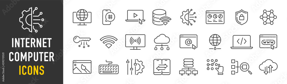 Poster internet computer web icons in line style. cloud technology, data center, connection network, digita