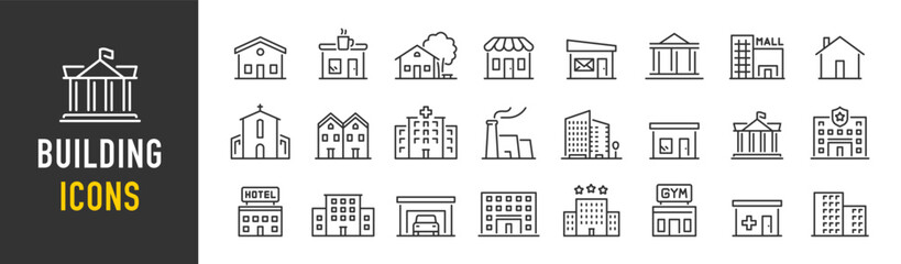 Building web icons in line style. Hotel, hospital, apartament, city, town house, mall, coffee, collection. Vector illustration. - obrazy, fototapety, plakaty