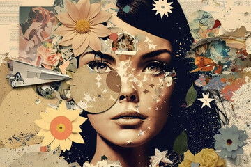 Abstract art portrait of young woman, girl face in vintage collage style, generative AI