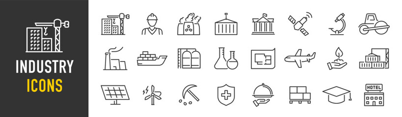 Industry web icons in line style. Mass production, manipulator, factories, mine, collection. Vector illustration.