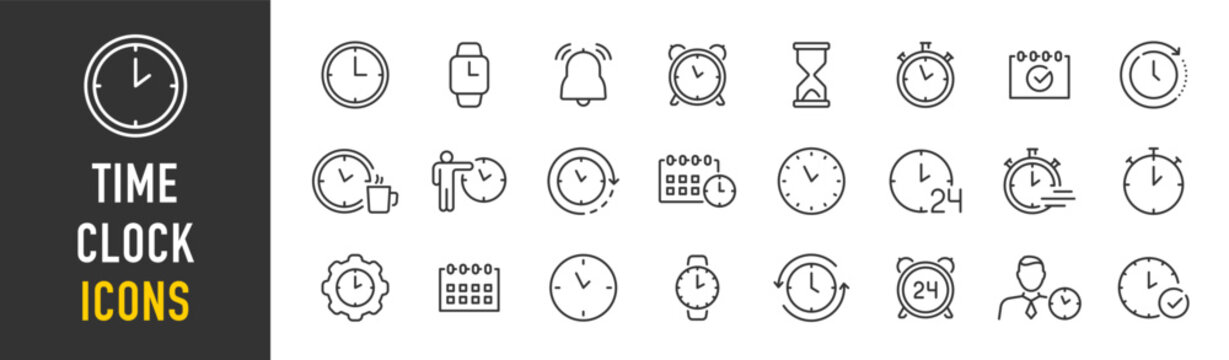 Time and Clock web icons in line style. Calendar, timer, time, stopwatch, countdown, collection. Vector illustration.
