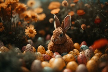 Fototapeta na wymiar Charming Easter bunny among flowers and eggs. Generative AI