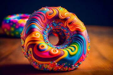 Colorful donut sitting on top of wooden table next to another donut. Generative AI.