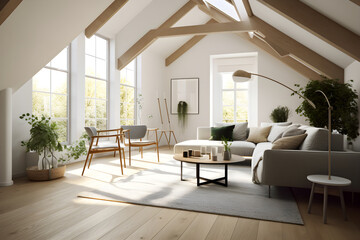 Fototapeta na wymiar Big and comfortable living room in big house, white beige scandinavian design of indoor interior. Cozy atmosphere at home. Generative AI