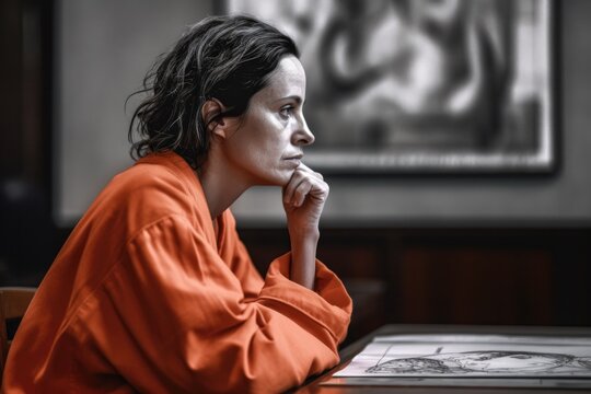 Illustration of a female prisoner in an orange jumpsuit sitting in a jail cell. The image is partly rendered as a drawing, giving it a unique and artistic touch . Generative Ai
