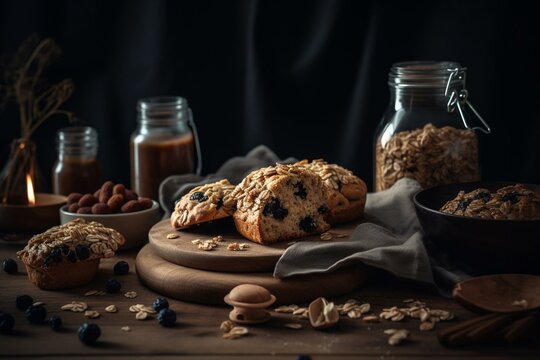 Delicious baked treats made with oats, raisins, and sugar. Generative AI