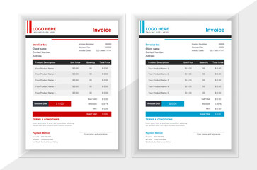 Modern and attractive corporate business invoice design in attractive variations of black, red and blue colors.