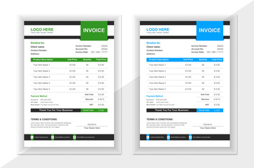 Modern and professional business invoice design in attractive variation of blue and green colors.