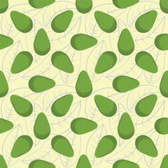 avocado seamless pattern, fruits, slices, leaves, cute exotic healthy product. Illustration for postcard banner background, sites.