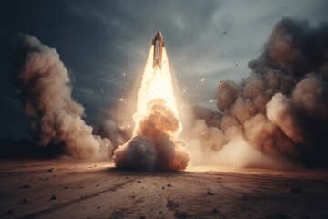 Rocket launch. Rocket starts into space concept. Spaceship takes off. Generative AI