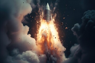 Rocket launch. Rocket starts into space concept. Spaceship takes off. Generative AI