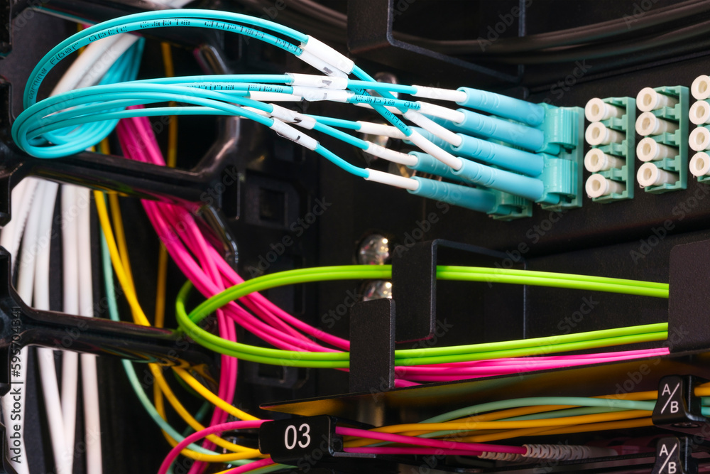 Poster multi colored network cables connected to switch, network technology concept