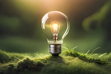 glowing light bulb in the grass, Natural and clean energy , Generative AI