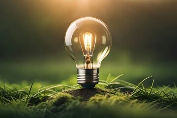 glowing light bulb in the grass, Natural and clean energy , Generative AI