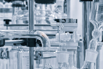 Chemical and pharmaceutical concept background. Chemistry laboratory equipment  Laboratory glassware.