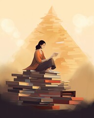 Woman sitting and meditating on pile of books, copy space  created with Generative AI technology