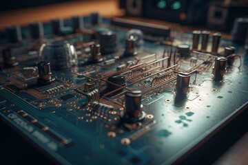 Fototapeta na wymiar 3D modeling of electrical potential on a circuit board, showing current flow direction. Generative AI