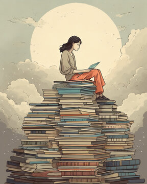 Woman sitting and meditating on pile of books, copy space  created with Generative AI technology