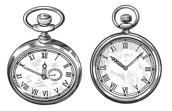 Antique pocket watch isolated. Vintage engraved illustration