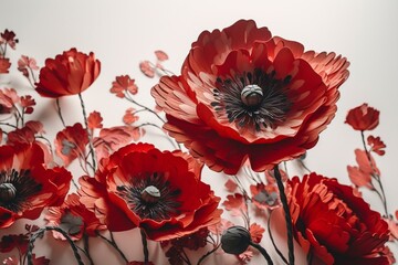 Paper cut art of poppy flowers in red on white background. Generative AI