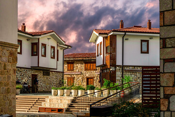 Fototapeta premium View of the old ancient house in Side. Antalya is popular tourist destination in Turkey. Cafe, restaurant, shop and houses.