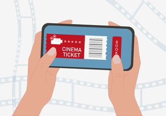 Movie tickets in phone. Coupon for cinema visits, recreation and entertainment. Electronic commerce and online document. Order in mobile application. Cartoon flat vector illustration