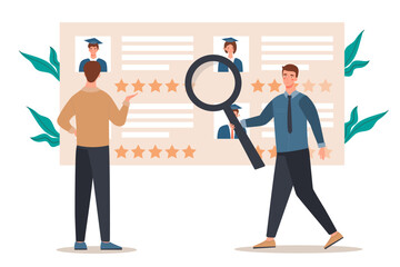 HR managers at work. Man with magnifying glass evaluates rating and ranking of workers. Expansion of companys staff and evaluation of candidates for vacancies. Cartoon flat vector illustration