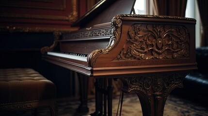 Fototapeta na wymiar Close-up of a luxury grand piano in a baroque interior. Generative AI illustration.